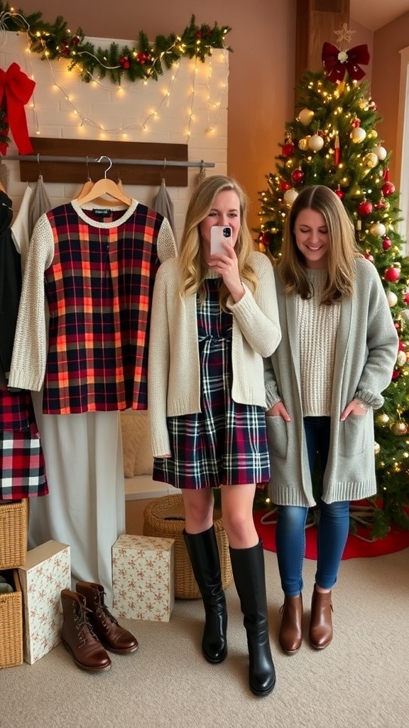 A collection of stylish Hallmark Christmas outfits in a cozy holiday setting with a Christmas tree.
